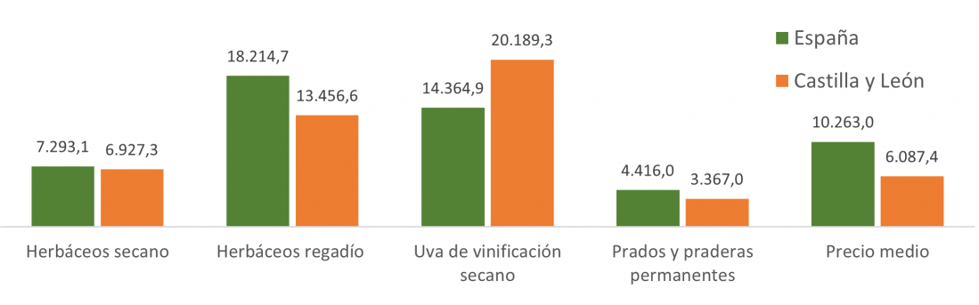 Precio medio de la tierra en España y Castilla y León en 2023 (Euros/hectárea)