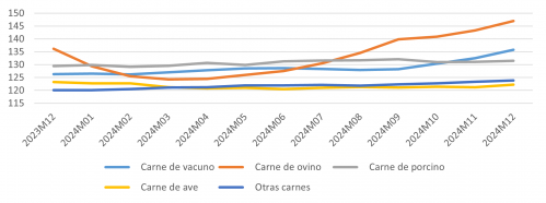 Evolución del IPC de los diferentes tipos de carnes para Castilla y León
