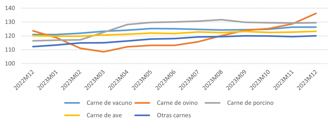 Evolución del IPC de los diferentes tipos de carnes para Castilla y León