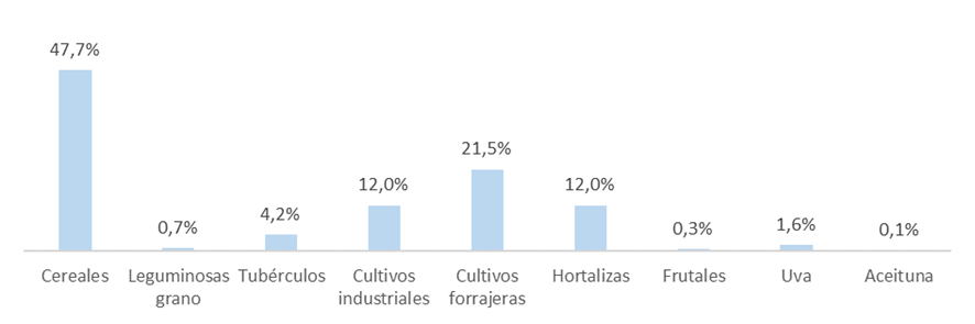Distribución por tipo de cultivo de la producción total obtenida (toneladas) en Castilla y León en 2021