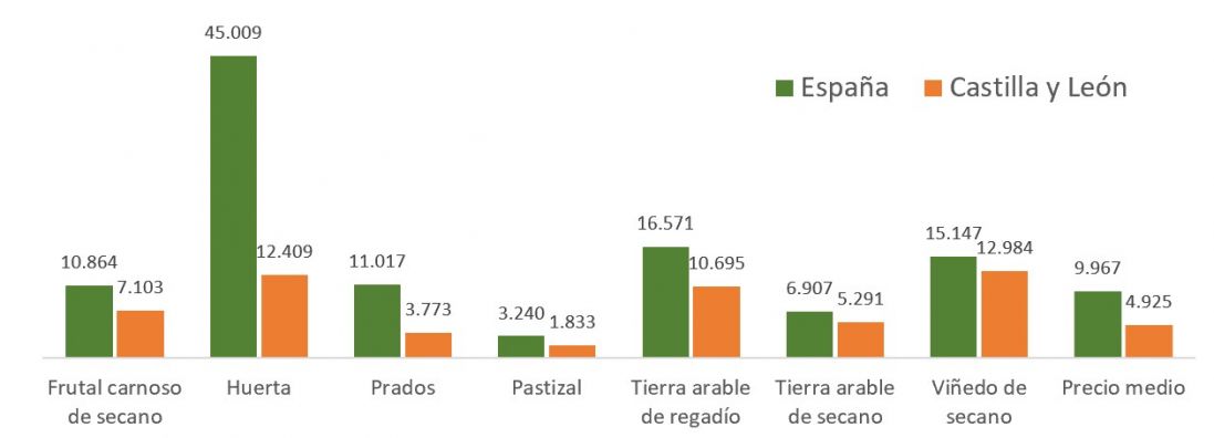 Precio medio de la tierra en España y Castilla y León en 2023 (Euros/hectárea)