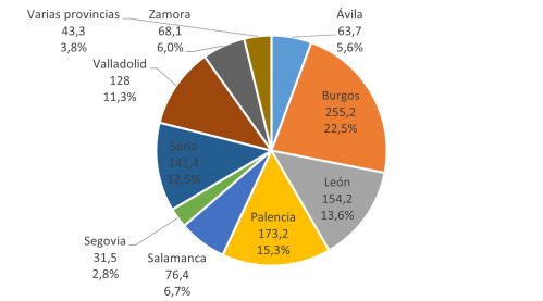 Distribución provincial de la licitación oficial de Castilla y León