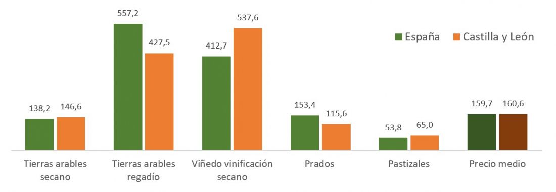 Cánones de arrendamiento rústico en España y Castilla y León en 2023 (Euros/hectárea)