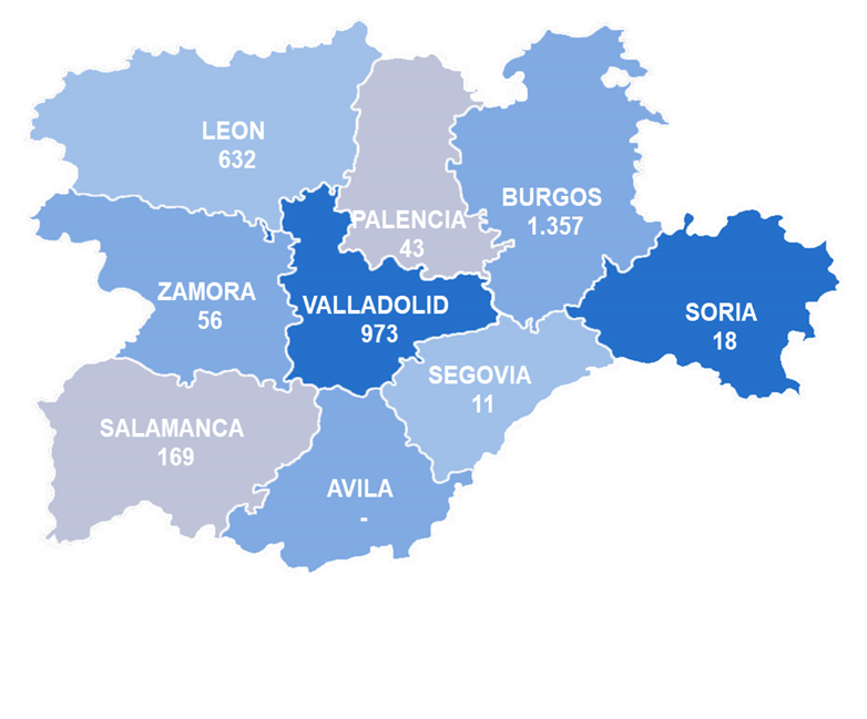 Nº de trabajadores de empresas TIC castellanoleonesas por provincias
