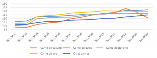 Evolución del IPC de los diferentes tipos de carnes para Castilla y León